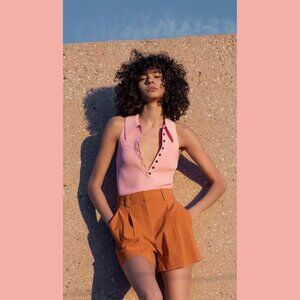 NWT A.L.C. Asher Ribbed Knit Polo Collared Top in Pink Sand